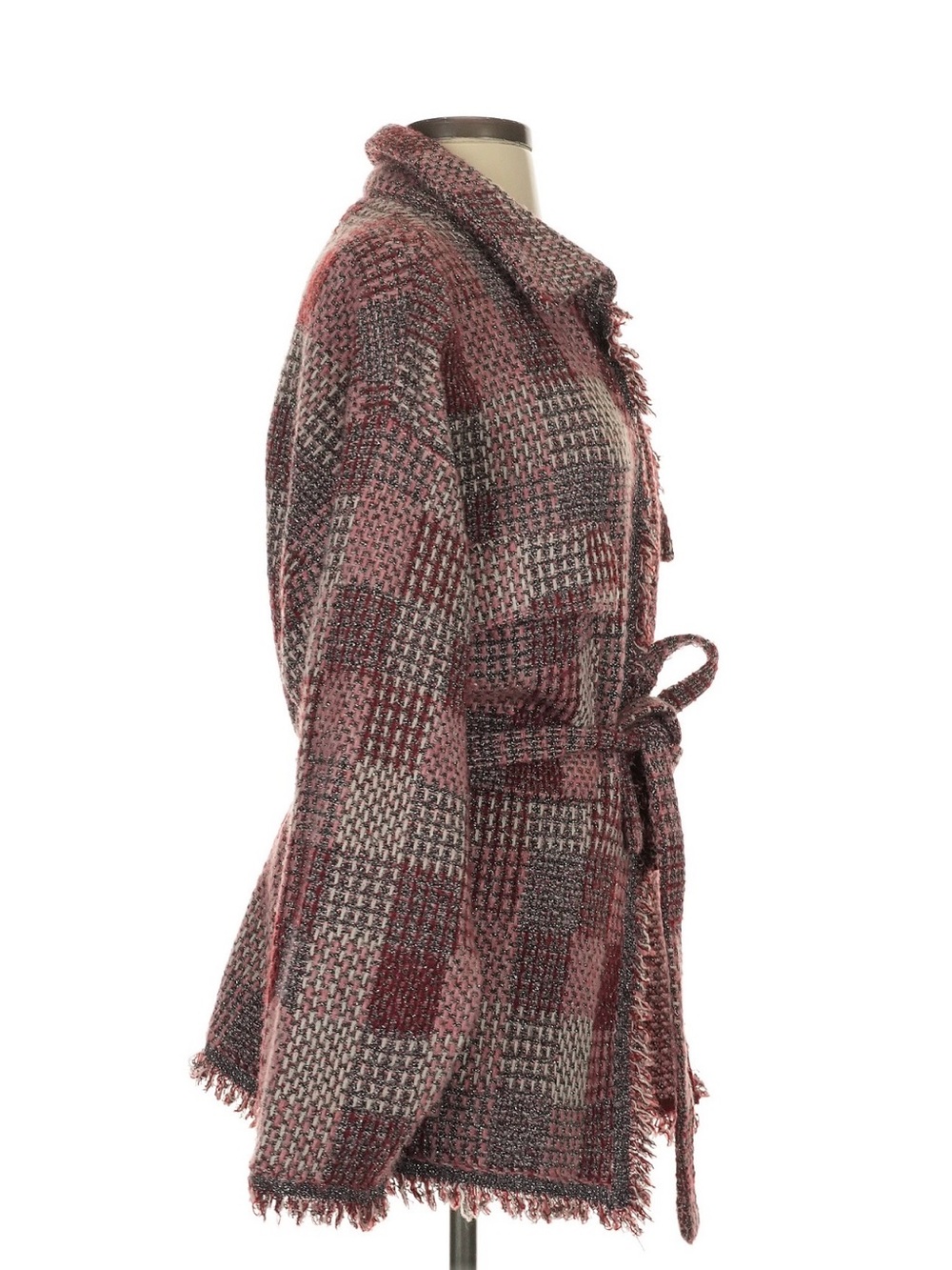 Plaid Knit Belted Cardigan Jacket in Rose and Gray - Picture 2 of 4